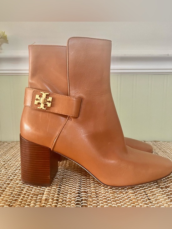 Tory Burch Shoes - Tory Burch Tan Leather Ankle Boots with Gold Logo Accent